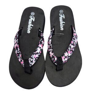 Fashion Sandal with Fabric Toe Post Black with Pink Floral 1" Heel Size 9-9.5